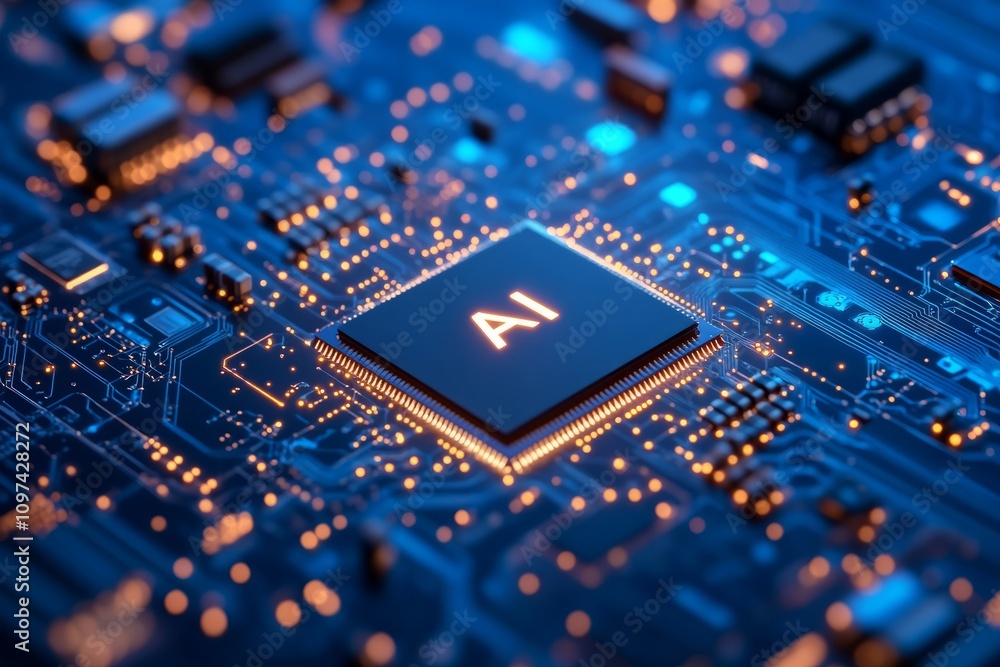 Poster 3d illustration of the chip with text ai, with a blue color scheme. the background features light gr
