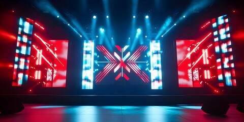 A concert stage with LED panels with red, blue and white geometric graphic art on the screens and a microphone in the center