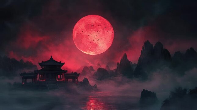 landscape with a castle and moon. Virtual 4K video animation background with looping time lapse with very smooth graphics.