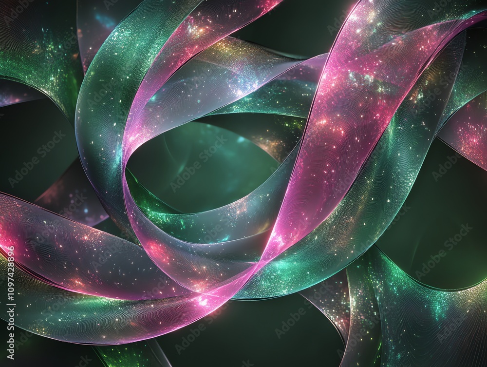 Poster abstract design featuring colorful, flowing ribbons with a cosmic background.