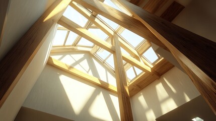Obraz premium Bright interior with wooden beams and skylights.