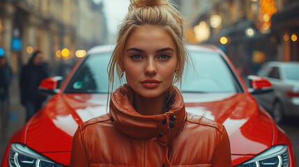 Fashionable Girl Steps Out of Vibrant Red саr