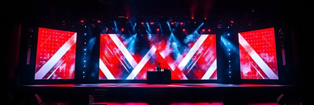 A concert stage with LED panels with red, blue and white geometric graphic art on the screens and a microphone in the center