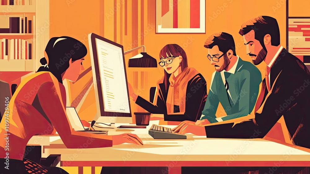Poster four colleagues collaborating around a computer desk