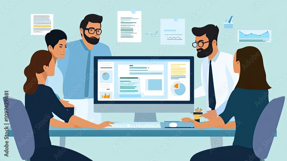 Poster business team discussing data on a computer screen