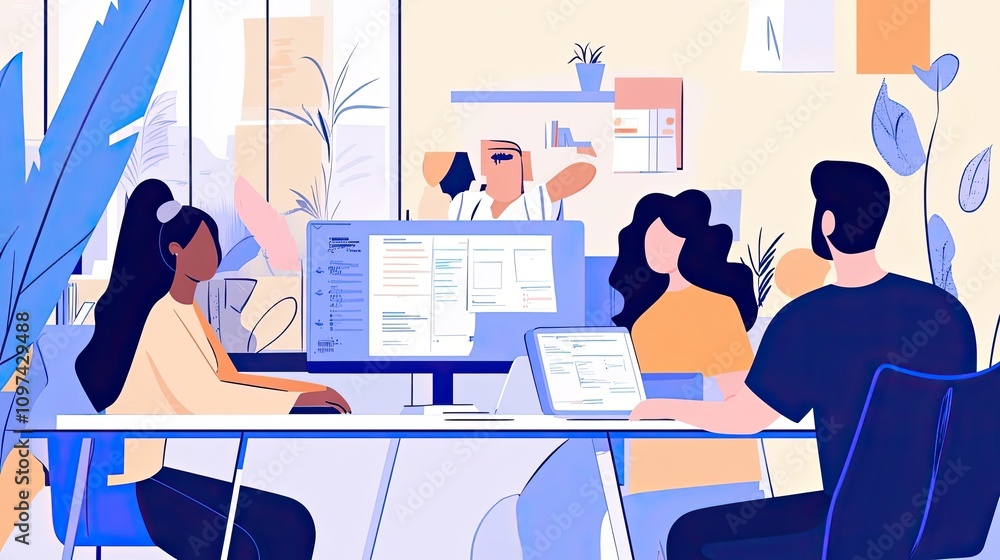 Poster three people working at a desk with computers