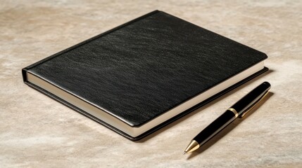 A black notebook and a pen on a textured surface.