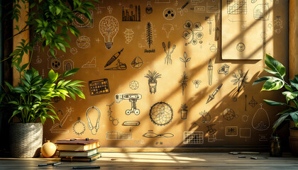 A cozy scientific workspace featuring a chalkboard with equations, anatomy charts, a microscope, plants, and medical tools, blending education and healthcare.