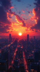Fototapeta premium Fiery Sunset Over Illuminated City Skyline