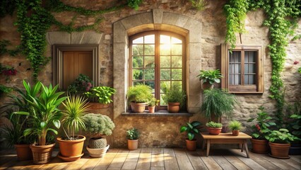 Fototapeta premium Sunlit Stone Courtyard with Abundant Greenery and Potted Plants