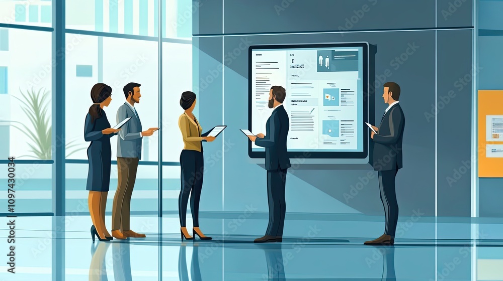 Aufkleber four business professionals reviewing data on a large display in an office setting