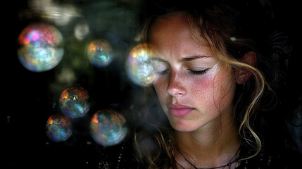 Naklejka premium young woman with closed eyes appears contemplative, surrounded by colorful bubbles. soft lighting enhances her serene expression, creating dreamy atmosphere