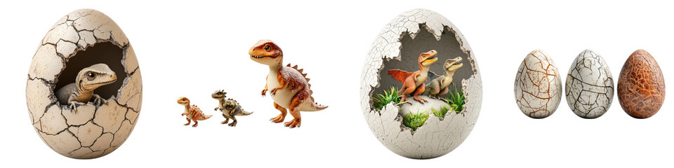 dinosaur on Transparent Background concept. A series of dinosaur eggs, including a cracked egg revealing a dinosaur, alongside various decorative dinosaur-themed eggs.