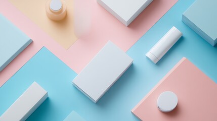 Pastel Colored Background With Blank Cosmetic Products