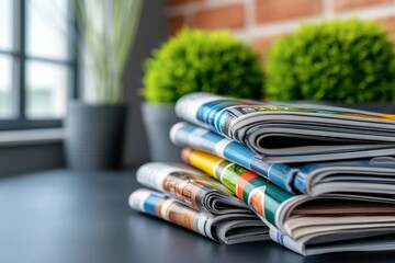 Stacked colorful magazines on a table beside potted plants in a modern indoor space