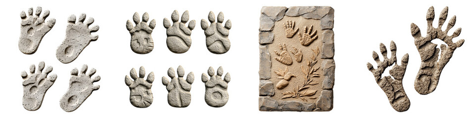 dinosaur on Transparent Background concept. Various clay paw prints and handprints arranged in a creative display, showcasing detailed impressions and artistic texture.