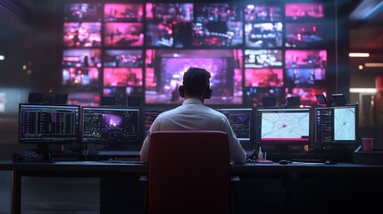 Man monitoring multiple screens in a control room.
