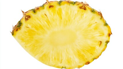 A juicy slice of pineapple with its vibrant yellow flesh and spiky skin, Each slice’s rich color and subtle imperfections captured with precision