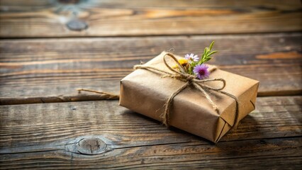 Fototapeta premium A rustic, handcrafted gift wrapped in brown paper and adorned with wildflowers, resting on a weathered wooden surface.