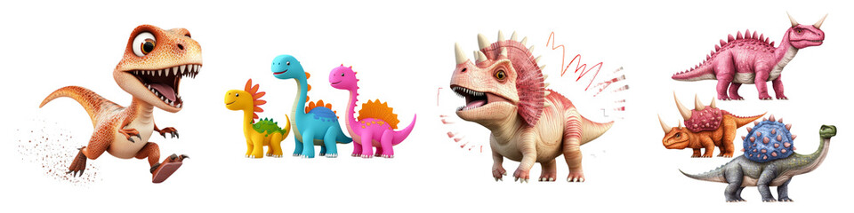 dinosaur on Transparent Background concept. Colorful dinosaur figures in various styles and poses,...