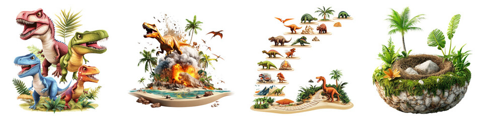 dinosaur on Transparent Background concept. A vibrant diorama featuring various dinosaurs and lush vegetation, depicting scenes of prehistoric life in dynamic arrangements.