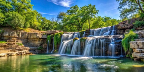 Fototapeta premium Landscape waterfall in McKinney Roughs Nature Park on a sunny day, waterfall, landscape, nature, park, Texas, McKinney Roughs