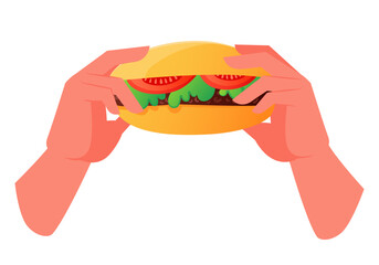 Vector hand drawn illustration of hands holding sandwich. Isolated on white background clip art element on theme of quick snack at work, street food, fast food. Two light buns with cutlet and vegetabl