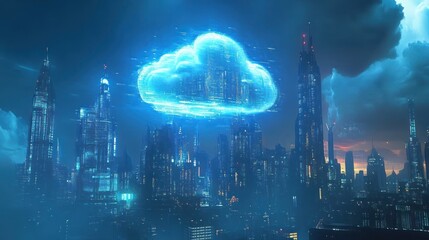 Futuristic cityscape with a glowing cloud above skyscrapers.