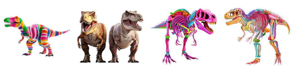 Fototapeta premium dinosaur on Transparent Background concept. A series of colorful dinosaur skeletons showcasing various poses and anatomical features in a striking display.