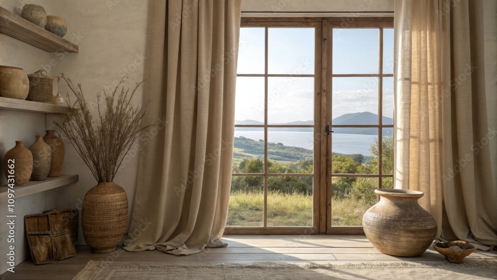 Poster subtle earthtoned curtains drape softly framing the view outside while allowing the gentle breeze to