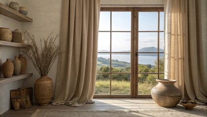 Subtle earthtoned curtains drape softly framing the view outside while allowing the gentle breeze to flow through. A display of handmade pottery sits on a shelf each piece