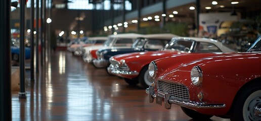 Obraz premium Classic car showroom interior, showcasing a row of vintage automobiles with a red convertible in the foreground.