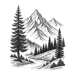 Fototapeta premium mountains and pine trees sketch hand drawn drawing vector illustration