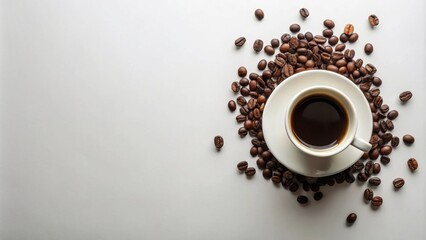 Naklejka premium Aromatic Cup of Coffee Resting on a Saucer Surrounded by Roasted Coffee Beans on a White Surface