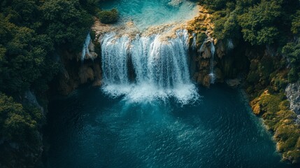 aerial view of waterfall with green forest background