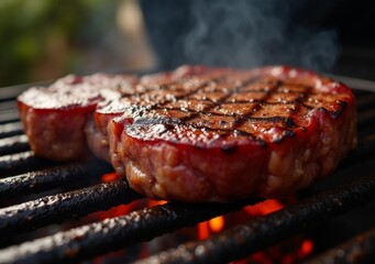 Grilling juicy steak on charcoal barbecue during summer evening outdoors