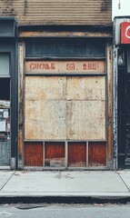 Fototapeta premium Closed boarded-up shopfront with faded signage.