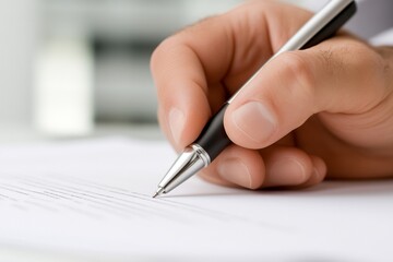 Close-up of a hand signing a document with a pen.