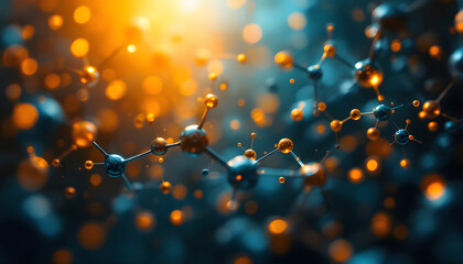 Abstract Molecular Structure with Glowing Bonds and atoms, set against a vibrant orange and blue bokeh background, symbolizing scientific innovation.