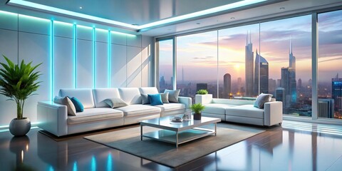 Modern apartment living room with panoramic city view at sunset, illuminated by vibrant accent lighting