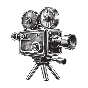 Retro movie camera sketch drawing hand drawn vector illustration