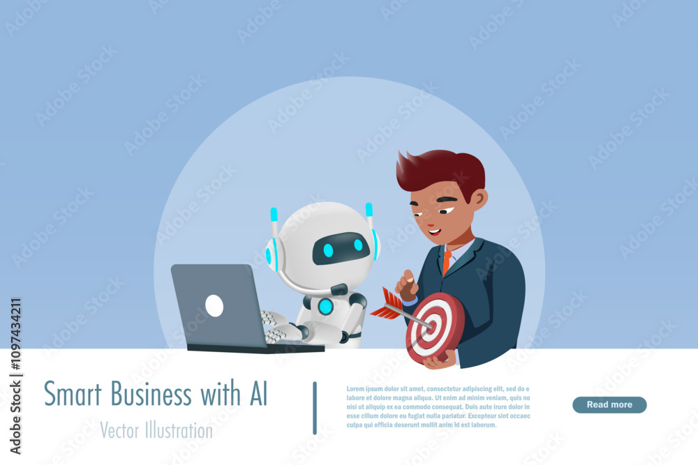 Poster businessman ask ai robot to develop business target marketing. smart business working with artificia
