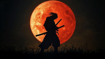 Samurai silhouette against a full moon.