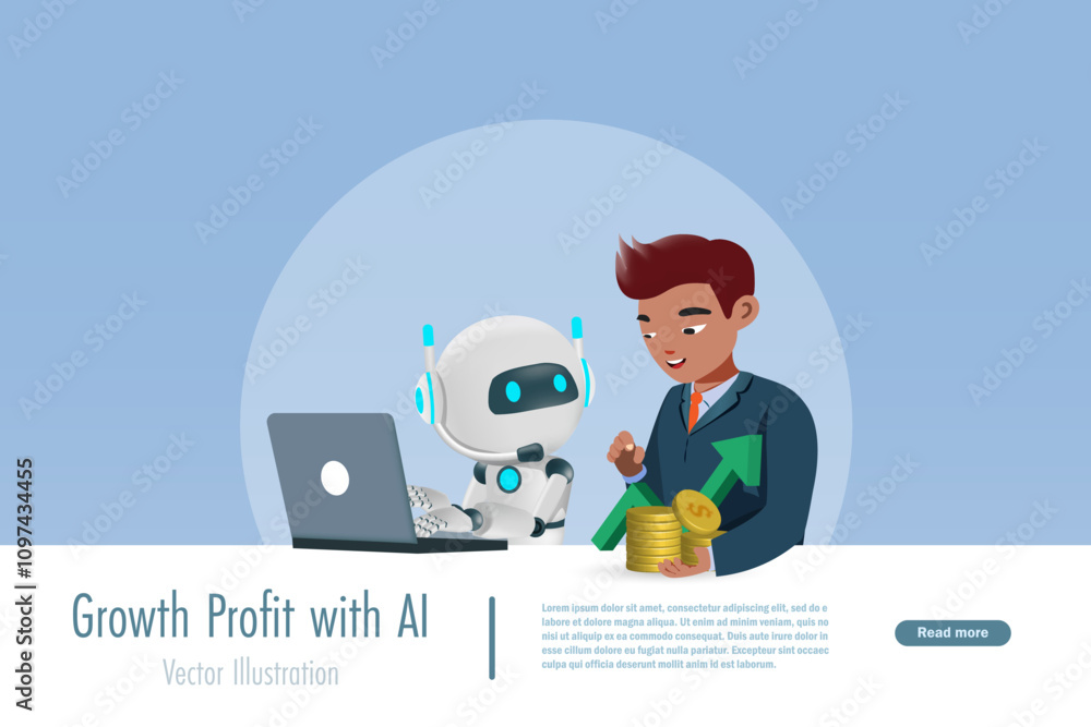 Poster businessman ask ai robot to develop success growth profit investment plan. smart business working wi
