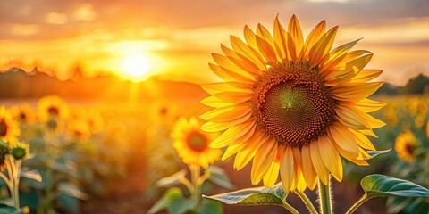 Obraz premium Closeup of a sunflower bathed in the warm light of the sunset, sunflower, closeup, flower, sunset, nature, vibrant, beauty, plant
