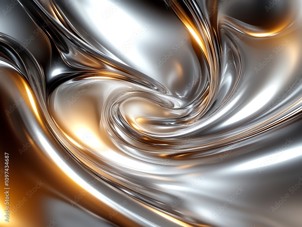 Poster abstract swirling metallic texture with silver and gold tones.