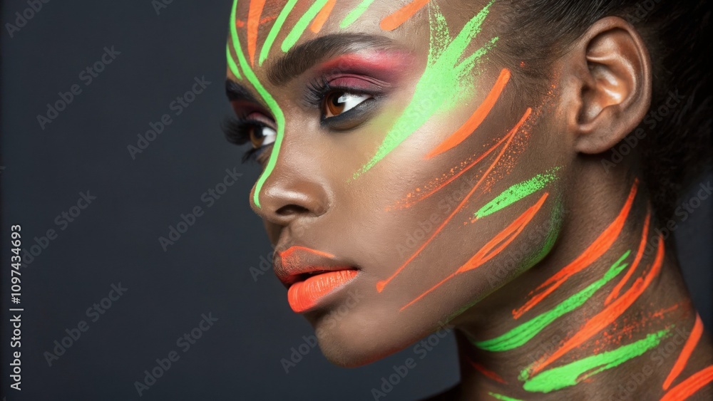 Poster an artistic portrait showcasing a close view of the models face highlighted by sweeping strokes of n