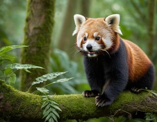 Adorable Red Panda Perched on a Tree Branch.Ailurus fulgens.