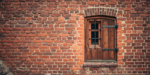 Red brick wall featuring a single small vertical window with iron hinges and a wooden latch, red brick wall, iron hinges, wooden latch