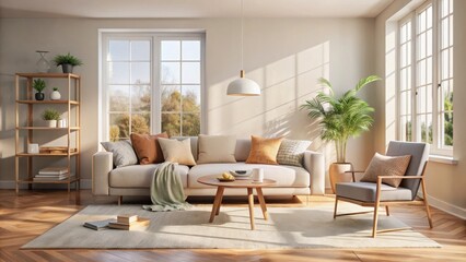 Sunlit Living Room with Neutral Decor and Wooden Accents